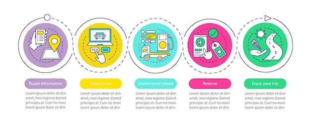 Vector autoverhuur service vector infographic sjabloon autoleasing carpoolen huur een auto gegevensvisualisatie met vijf stappen en opties proces tijdlijngrafiek werkstroomlay-out met pictogrammen