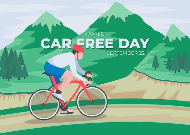 Autovrije dag. Mensen fietsen in de bergen en schrijven 'Car Free Day. 22 september