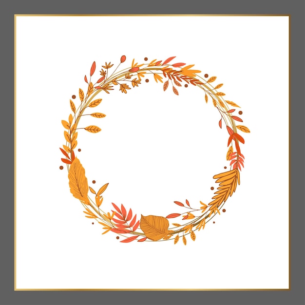 Вектор Осенний винтажный стиль красивая линия искусства цветочные круглые свадебные приглашения карты