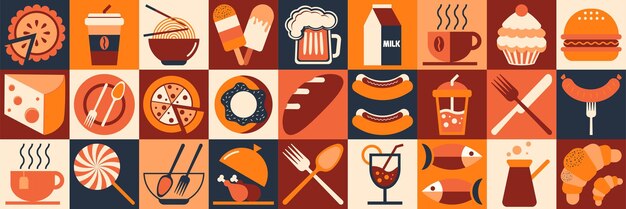 Autumn abstract food and drink pattern Set of icons Geometric pattern Mosaic style Autumn palett