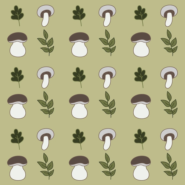 Autumn aesthetics forest pattern Different cartoon mushrooms and leaves pattern on green background