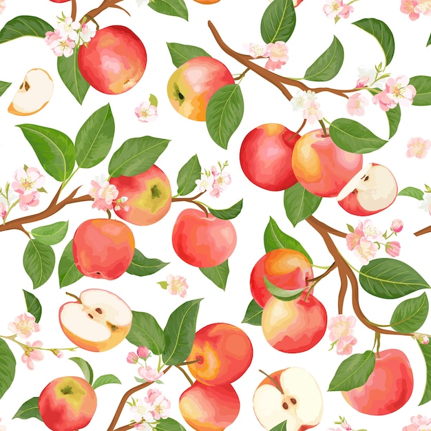 秋のリンゴのシームレスなパターン。夏の果物、葉、花のベクトルの背景。表紙、熱帯の壁紙、ヴィンテージの背景、結婚式の招待状の水彩テクスチャイラスト