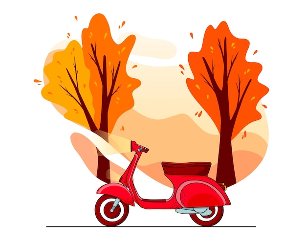 Sfondo autunnale. alberi del parco autunnale, scooter rosso. stile cartone animato. illustrazione vettoriale per design e decorazione.