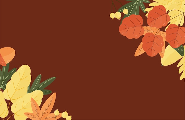 Осенний фон для текста с листьями, орехами, желудями, ягодами, сезонными элементами. шаблон квадратной рамки. векторная иллюстрация с ботаническими элементами.
