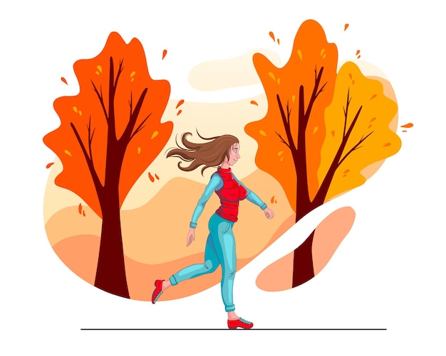 秋の背景。少女は秋の公園を背景に走ります。漫画のスタイル。デザインと装飾のベクトルイラスト。