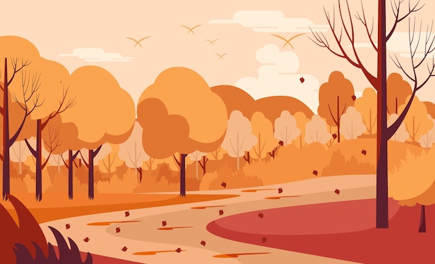 Vector autumn background illustration of city park scenery with fall leaves in flat vector style