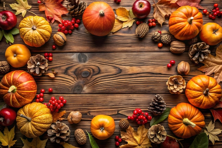 Vector autumn background maple leaves apples rose hips nuts chestnuts dried oranges on a wooden table