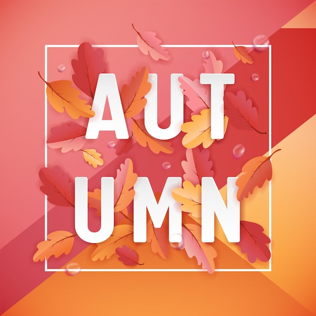 Autumn background template with beautiful leaves and raindrops, fall illustration with paper art for web banner, card template, wallpaper, cover, invitation in vector