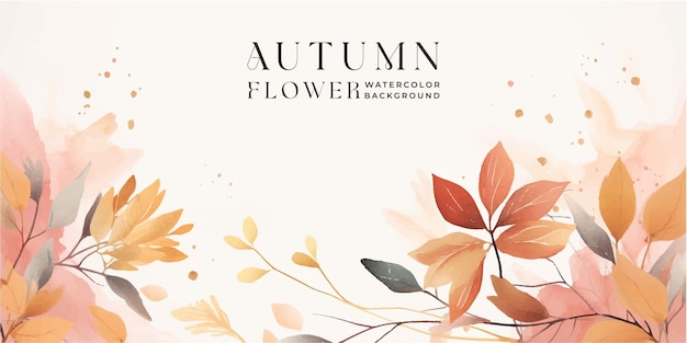 Autumn background vector Hand painted watercolor and gold brush texture Flower and botanical leaves hand drawing Abstract art design for wallpaper wall arts cover wedding and invite card