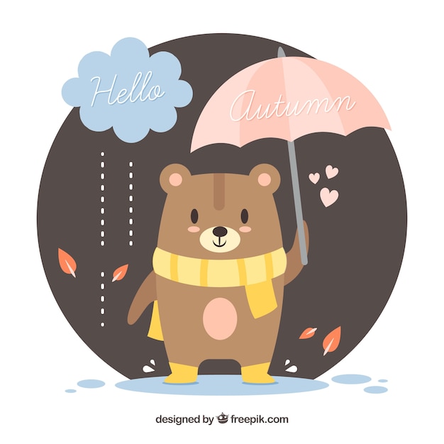 Autumn background with cute bear with scarf and umbrella