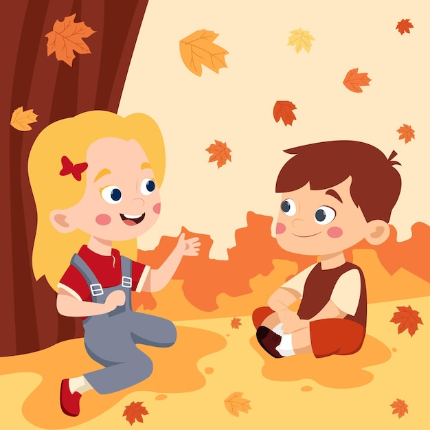 Vector autumn background with cute kids