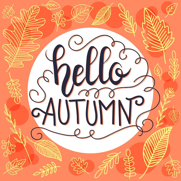 Vettore sfondo autunnale con foglie di doodle e lettering