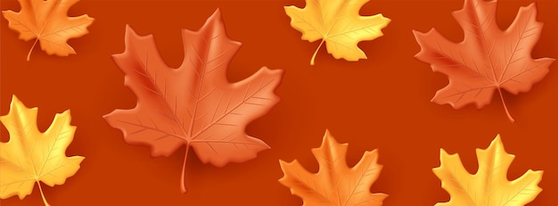 Autumn background with fall maple leaves in brown and yellow with orange colors 3d volume graphic element illustration