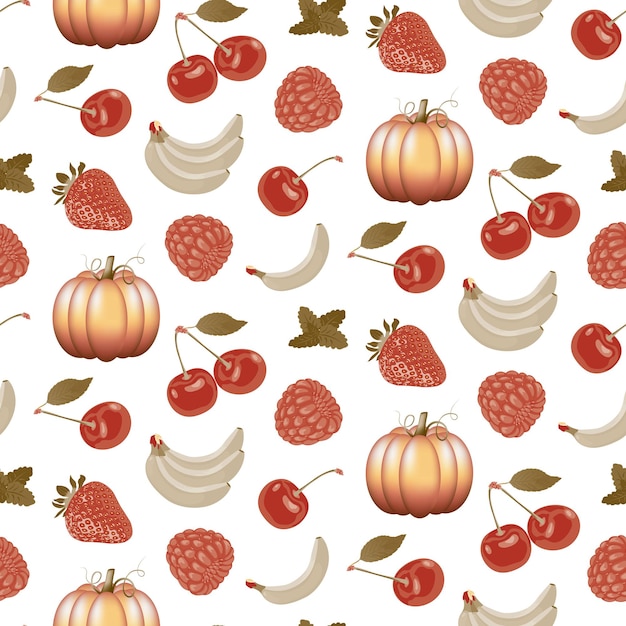 Autumn background with fruits and pumpkin on a white background Natural seasonal fruits