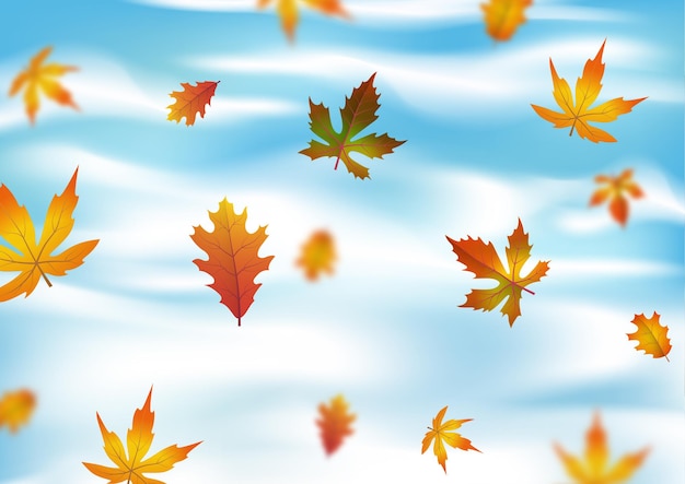 Vector autumn background with leaves flying in the sky