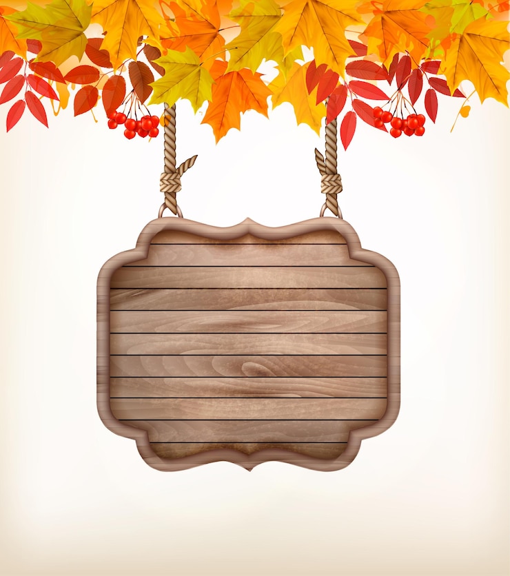 Vector autumn background with leaves. and wooden sign. vector.