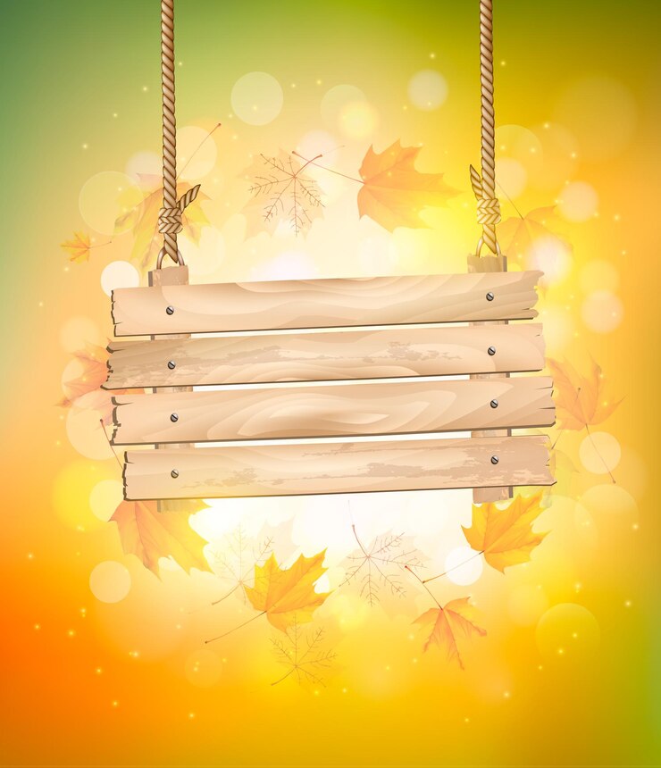 वेक्टर autumn background with leaves. and wooden sign. vector.