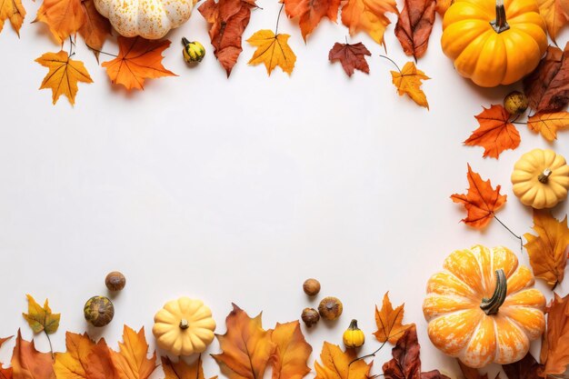 Autumn background with pumpkins leaves and acorns on white background