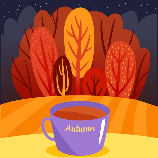 Vector autumn background with trees and tea cup