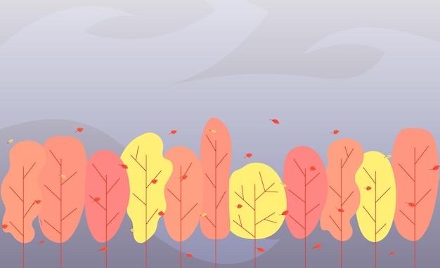 Vector autumn background with yellow, orange trees, falling leaves, dark sky, flat