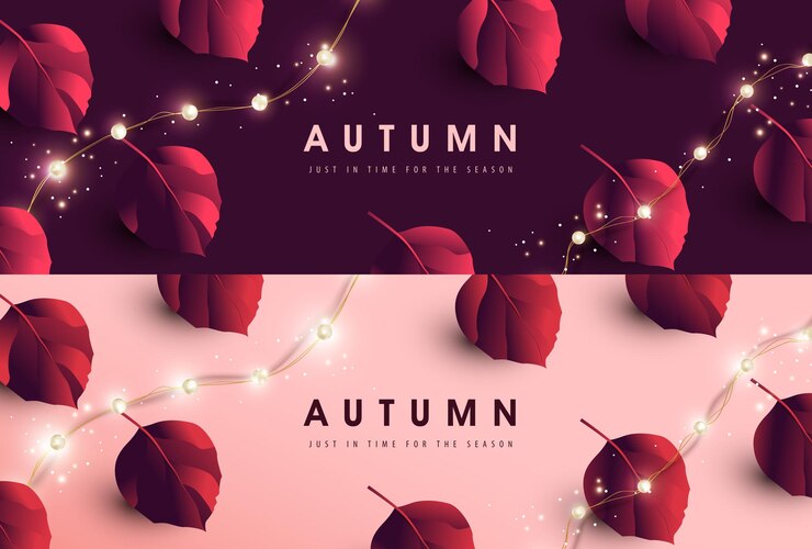 Vector autumn banner background with variety of autumn leaves falling and led string lights