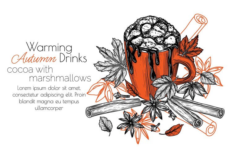 Vector autumn banner cocoa with marshmallow spices and chocolate sauce in engraving style