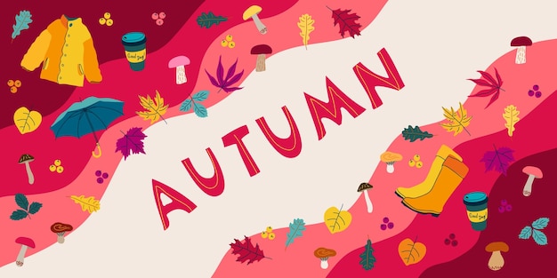 Autumn banner design, sale offer with leaves, boots and other. Doodle cute colorful