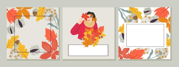 Autumn banner or poster card collection with characters and decorative frames