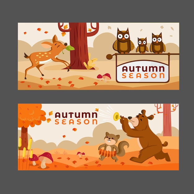 Autumn banner sets bear reindeer fox brown leaves