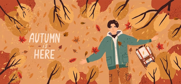 Vector autumn banner with relaxed man lying on ground with fall leaves. autumnal background with young person resting in forest. colored flat vector illustration of happy smiling guy enjoying nature.