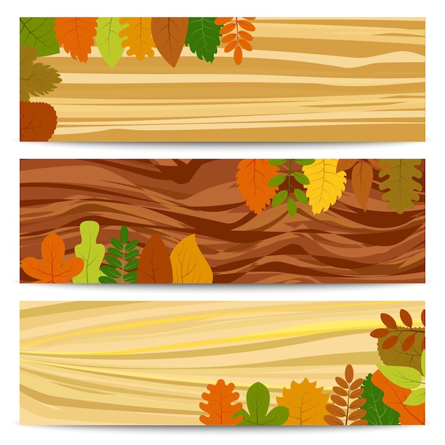 Vector autumn banners. three autumn banners with yellow leaves on a wooden table. vector illustration.