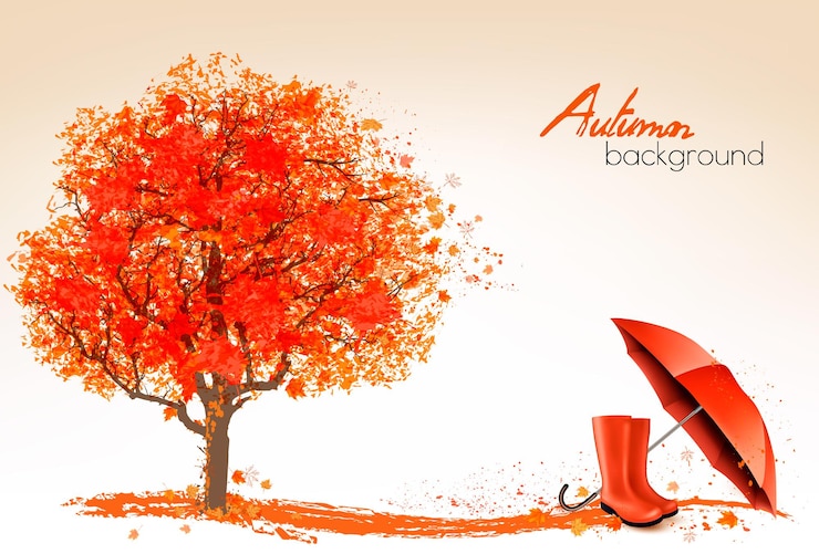 Vector autumn banners with trees and umbrella and rain boots. vector.