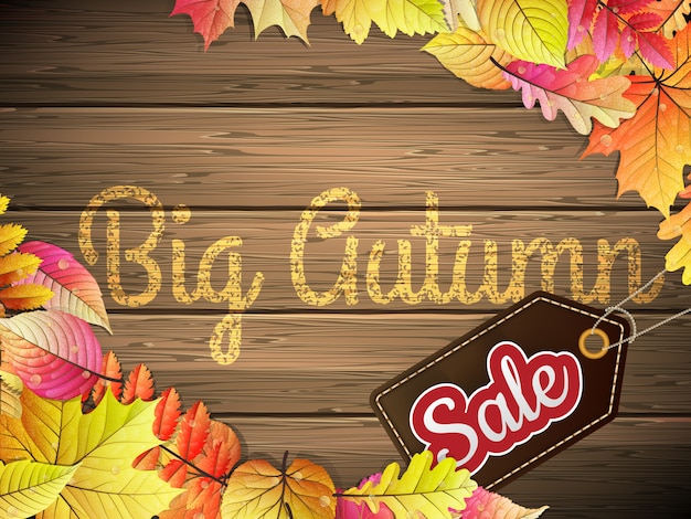 Vector autumn big sale-typografieaffiche op houten achtergrond.