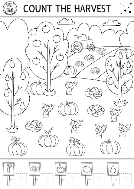 정원이나 들판에서 수확한 가을 흑백 계산 게임 가을 또는 추수 감사절 수학 활동 간단한 인쇄 가능한 농장 테마 워크시트 어린이를 위한 교육용 색칠 퍼즐 Xa