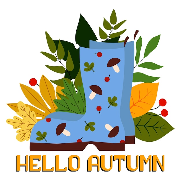 Stivali di gomma autunno blu su sfondo bianco lettering ciao autunno foglia caduta e caduta meteo scarpe impermeabili stivali di gomma con bouquet di foglie d'autunno