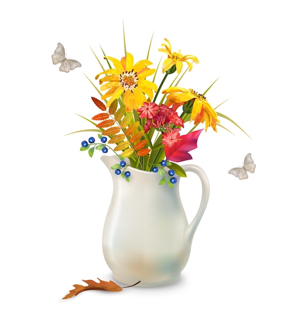 Autumn bouquet in ceramic jug with fall leaves and flowers