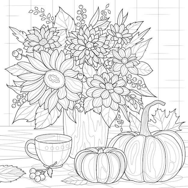 Autumn bouquet of flowers pumpkins and teaColoring book antistress for children and adults