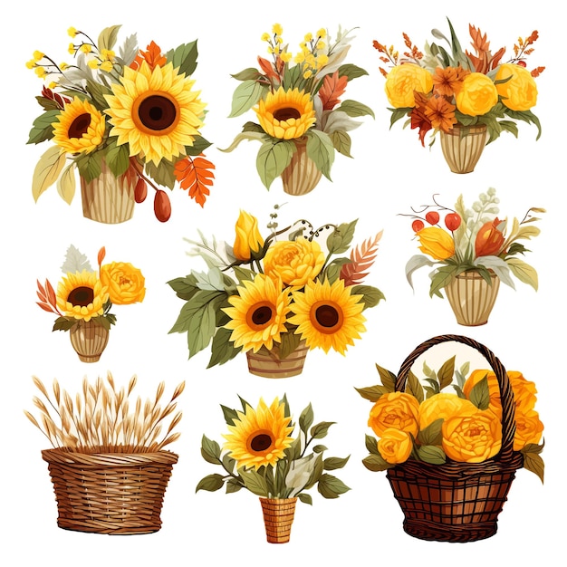 Vector autumn bouquets sunflowers vector clipart white background
