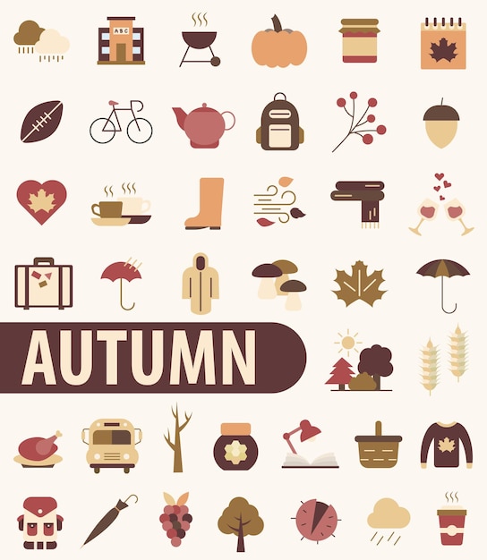 Autumn bright icons Set of autumn color icons Autumn time Set of autumn icons Vector illustration