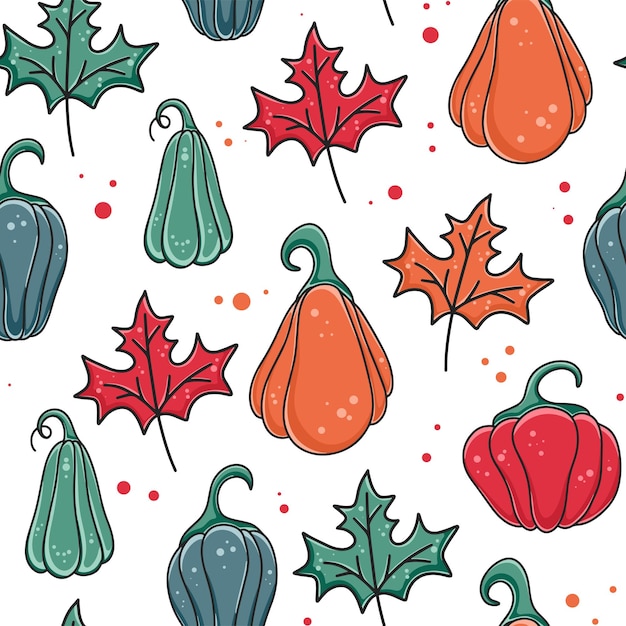 Autumn bright pattern with pumpkins and maple leaves Seamless background with fall foliage