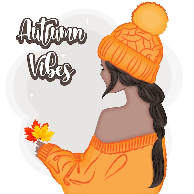 Autumn brunette holding leaves back fashion vector illustration print