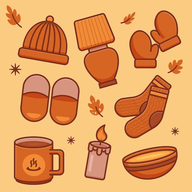 Autumn bundle, fall set for stickers, and other design purposes. Cozy minimalist hygge style cartoon
