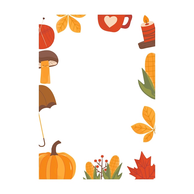 Vector autumn card fall season cozy poster autumn thanksgiving seasonal banner with ball of yarn umbrella leaves and pumpkin stock vector design