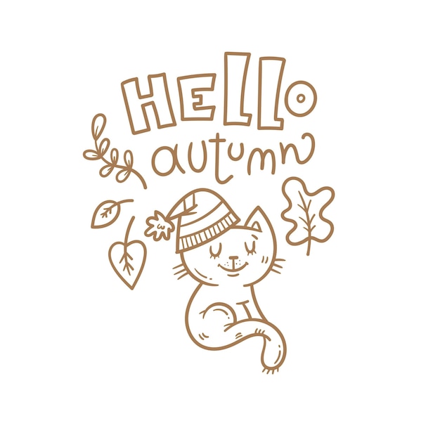 Autumn card with cute cartoon cat Kitten in hat with leaves Illustration for children Vector outline pet