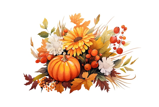 Autumn card with orange pumpkins and yellow flowers Vector illustration