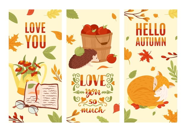 Set di carte autunnali cadono foglie e fiori autunnali illustrazione vettoriale carte d'epoca con simpatico riccio di volpe e testo ciao autunno ti amo