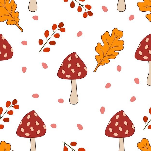 Autumn cartoon seamless pattern with leaves and mushrooms fly agarics