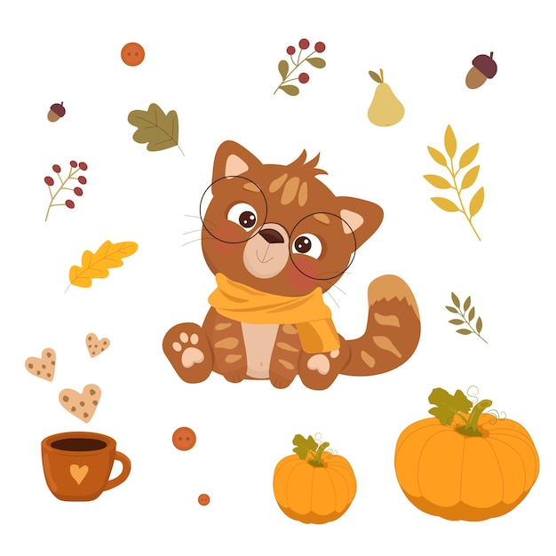 Vector autumn cat with coffee cup and cookies