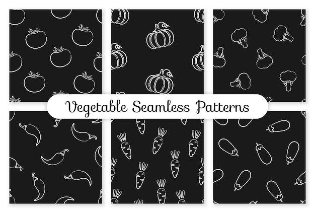 Autumn chalk contour vegetable seamless pattern background design with chalk silhouette eggplant