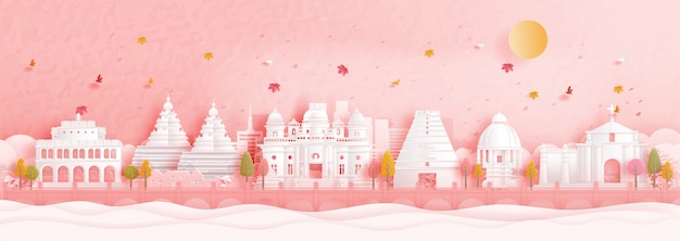 Vector autumn in chennai, india with falling leaves and world famous landmarks in paper cut style illustration